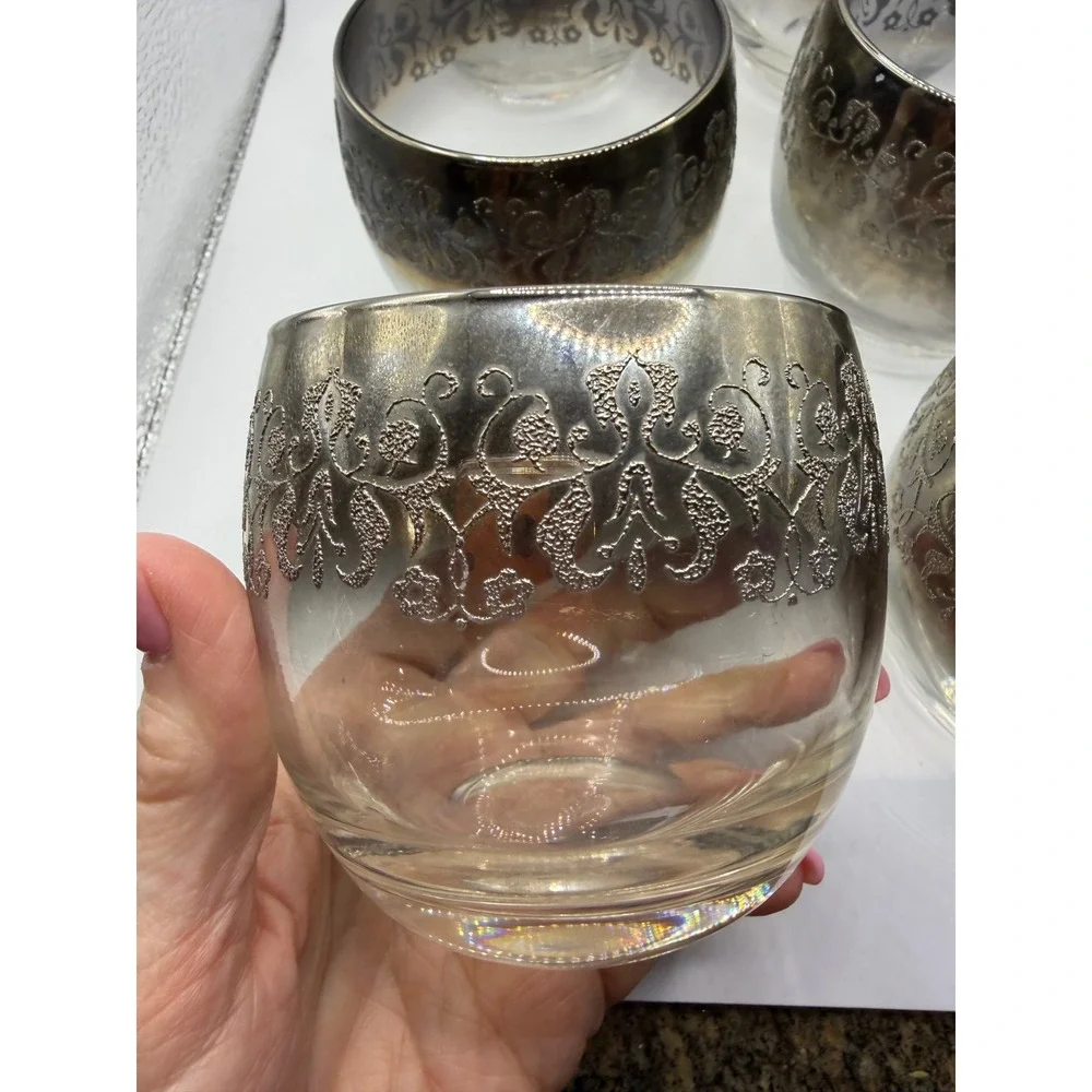 Vintage Silver Ombre Damask Filigree Lowball Whiskey Glasses Set of 6 MCM Style